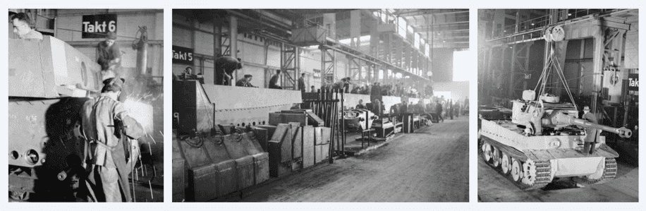 Photos of Tiger tanks being produced to takt time at the Henschell und Sohn factory.